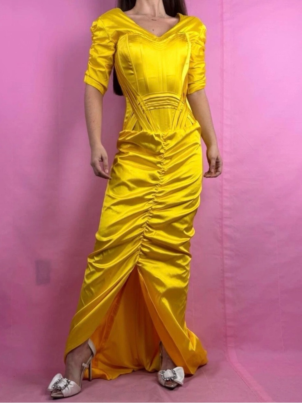 Yellow Satin Ruched Juan Carlos Pinera gown with corset detailing